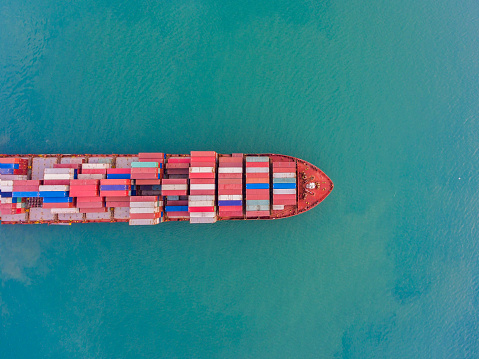 Aerial view of freight ship with cargo containers in Istanbul