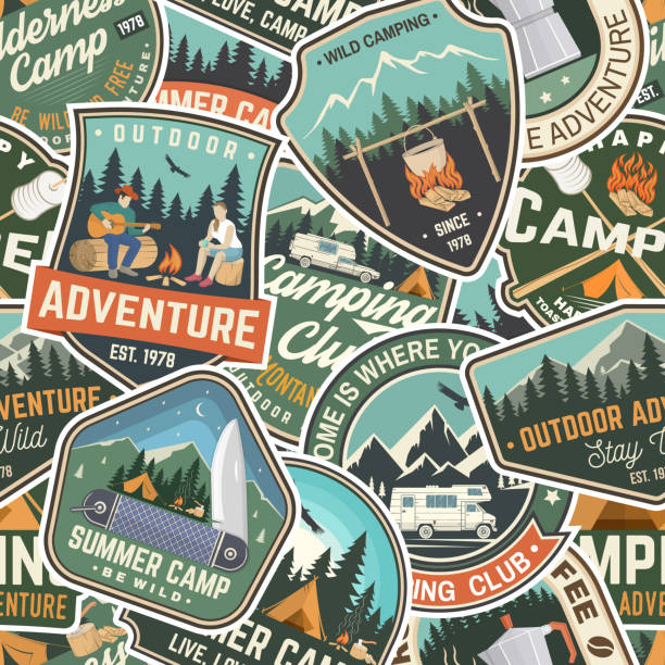Summer camp colorful seamless pattern with rv trailer, camping tent, campfire, bear, man with guitar and forest. Vector. Background, wallpaper, seamless pattern with patches Summer camp colorful seamless pattern with rv trailer, camping tent, campfire, bear, man with guitar and forest. Vector illustration. Background, wallpaper, seamless pattern with patches camping patterns stock illustrations