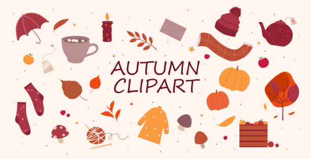 zestaw uroczych jesiennych przedmiotów w ciepłych kolorach, kolekcja ikon jesiennych sezonów - wool scarf backgrounds knitting stock illustrations