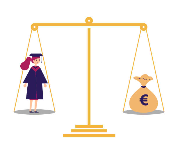 Student and Euro Money Bag on a weighing scale - ilustração de arte vetorial