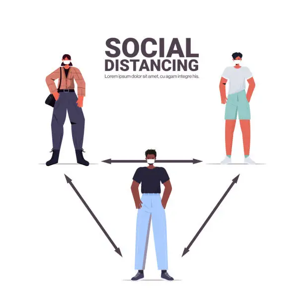 Vector illustration of mix race people keeping 2 distance to prevent coronavirus pandemic social distancing concept