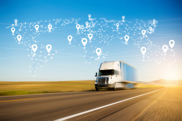 istock Container Truck on Highway with Polygon Network World Map Graphic and Location Pins 1263664425