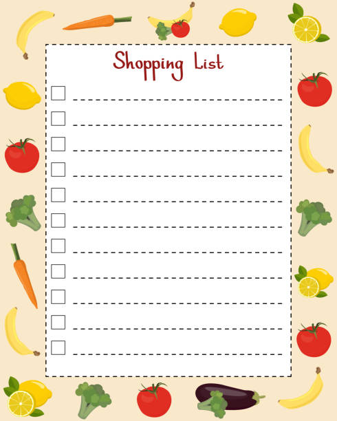 ilustrações, clipart, desenhos animados e ícones de lista de compras. modelo de página com linhas para escrever uma lista de compras. ilustração vetorial com legumes e frutas - lista de compras