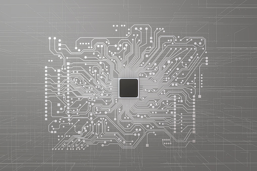 Abstract computer chip with circuit board, 3D generated image.