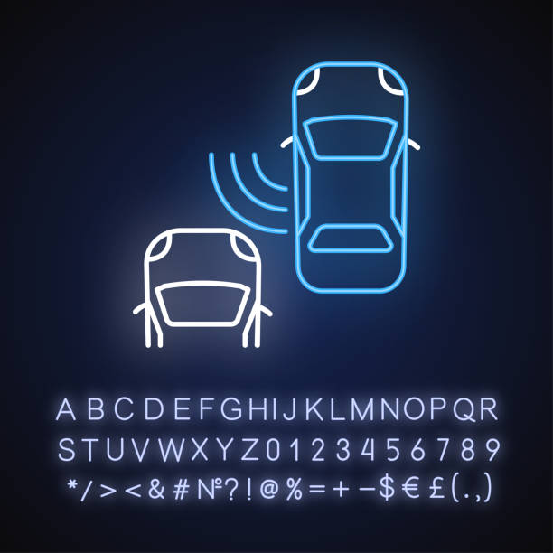 Blind spot monitoring system neon light icon Blind spot monitoring system neon light icon. Safe driving and car security, traffic safety. Outer glowing effect. Sign with alphabet, numbers and symbols. Vector isolated RGB color illustration vehicle blind spot stock illustrations
