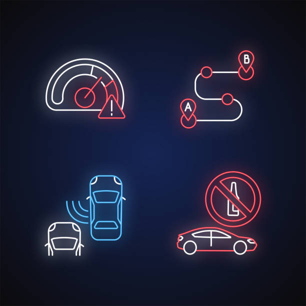 Driving risks neon light icons set Driving risks neon light icons set. Traffic dangers signs with outer glowing effect. Speed limit, blind spot, route planning, and drunk driving. Vector isolated RGB color illustrations vehicle blind spot stock illustrations