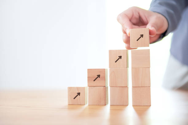 istock Close up Businessman hand arranging wood cube stacking as step stair. Business concept growth success process. 1263668608
