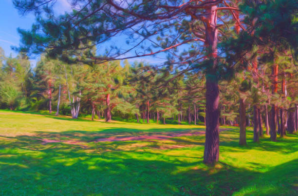 Oil landscape painting showing forest on a sunny day.