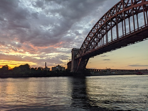 Sunset on Hellgate Bridge in Queens, New York.