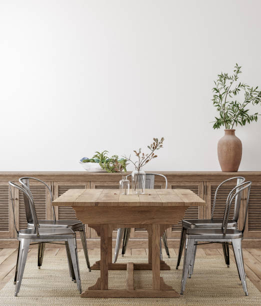 istock Farmhouse dining room interior, wall mockup 1263670207