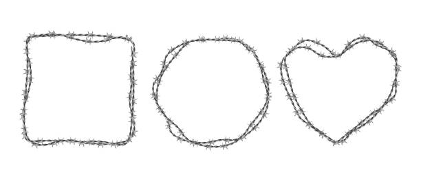 Vector frames from steel barbwire Steel barbwire set. Circle, square and heart shape frames from twisted wire with barbs isolated on white background. Vector realistic borders of metal chain with sharp thorns thorn wreath stock illustrations