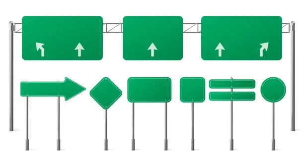 Vector illustration of Highway green road signs, blank signage boards set