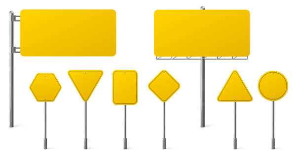 Highway yellow road signs, signage on steel poles Highway yellow road signs, blank signage boards on steel poles pointing city traffic direction, empty round, rectangular, hexagon panels isolated on white background, Realistic 3d vector illustration street sign stock illustrations