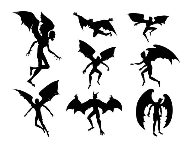 ilustraciones, imágenes clip art, dibujos animados e iconos de stock de demonio murciélago de silueta en el cuerpo humano. espíritu de los hombres con ala de murciélago en diferente postura. ilustración sobre drácula monstruo y fantasía para el tema de halloween. - bat halloween silhouette wing