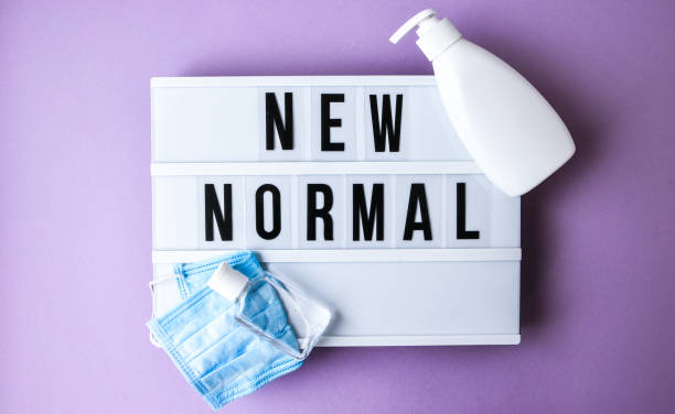 istock Lightbox with text NEW NORMAL protective face mask and sanitizer. Back to school. Social distancing. School quarantine concept. 1263671360