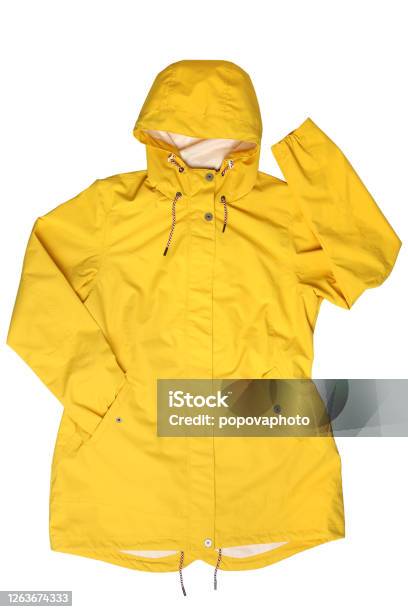 Yellow Hooded Raincoat Stock Photo - Download Image Now - Raincoat, White Background, Yellow