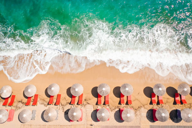 Aerial view of waves breaking on the beach