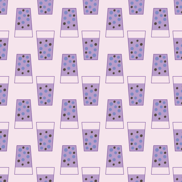Taro purple bubble tea seamless vector pattern Taro flavoured purple bubble tea seamless vector pattern. Cute drink themed surface print design for fabrics, textiles, stationery, scrapbook paper, packaging, and gift wrap.. food sample cups stock illustrations