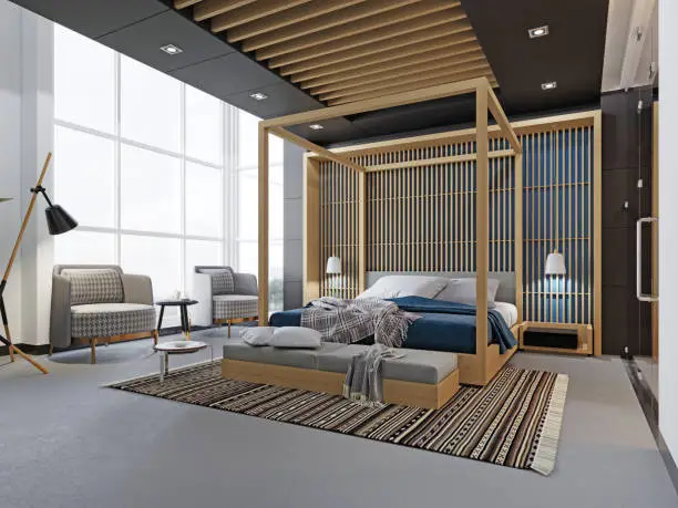 Modern fashionable design of a bedroom, a bed with a canopy. TV unit, two soft chairs, a wooden bed with four-poster. 3D rendering.