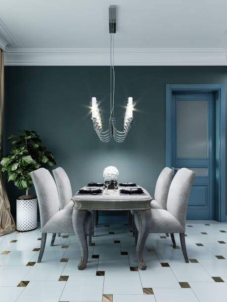 istock Dining room with dining table with four chairs. Wooden table, wooden chairs with soft upholstery, black dishes. Green and faded quarter color interior. 1263677577