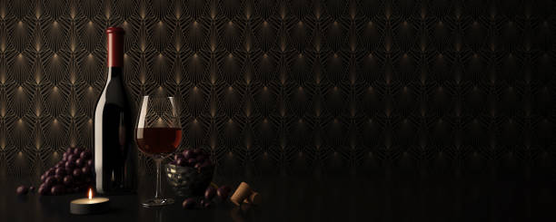 Wine.Bottle and glass of red wine with grapes.3d rendering