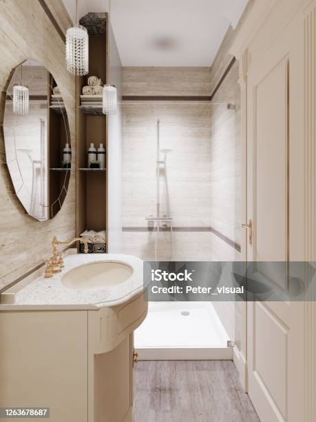A Small Bathroom With A Shower And Toilet And Ceramic Tiles On The Walls And Floor Is Beige Stock Photo - Download Image Now