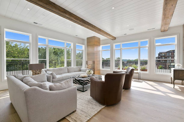istock Beautiful subtle wood beams and white ceiling in new home 1263678709