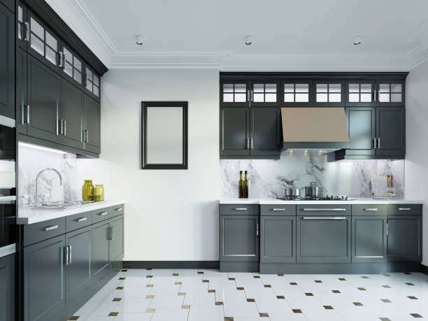 istock Black-white kitchen in a classic style. 1263680172