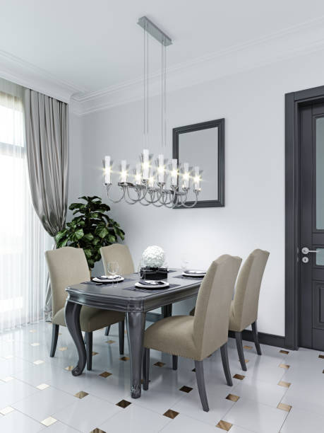 istock Black dining table with four soft chairs in beige. The interior is in a classic style. 1263680468