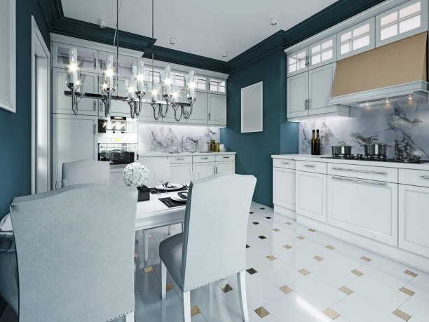 istock Classic kitchen interior. Luxurious white furniture, blue walls. 1263681695