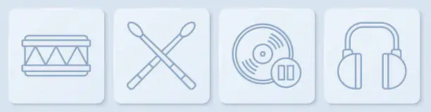 Vector illustration of Set line Drum, Vinyl disk, Drum sticks and Headphones. White square button. Vector