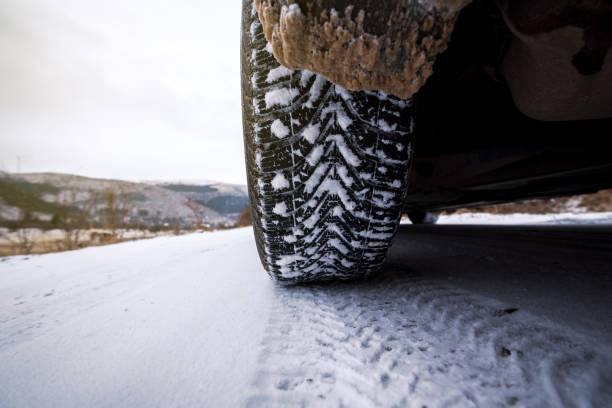 istock Car tires on winter road covered with snow. 1263683944