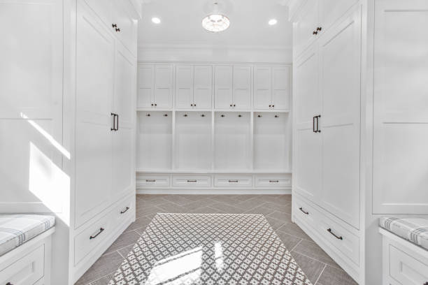 istock Symmetrical mud room with ample amounts of storage and seating 1263684703