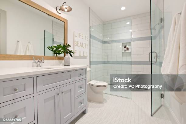 Gorgeous Shower With No Step Up Stock Photo - Download Image Now - Bathroom, Shower, Glass - Material