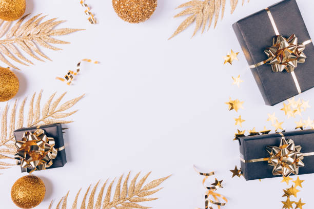 istock Christmas flat lay frame of golden balls 1263684801