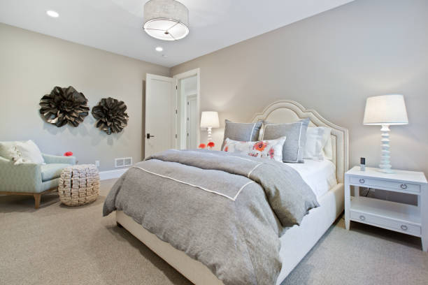 istock Gray duvet on nice bed in new bedroom 1263684823