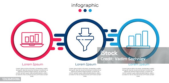 istock Set line Laptop with graph chart, Sales funnel with arrows and Pie chart infographic. Business infographic template. Vector 1263685086