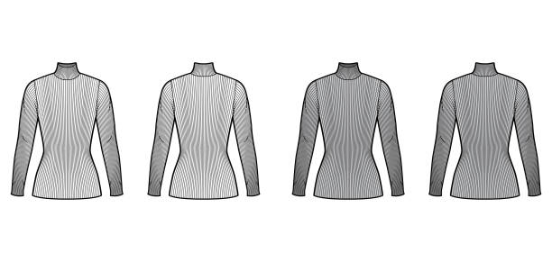istock Turtleneck ribbed-knit sweater technical fashion illustration with long sleeves, close-fitting shape, tunic length 1263686524