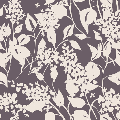 Plain floral drawing. Silhouettes of blooming lilac flowers in vintage style. Elegant seamless botanical pattern made of spring flowers. Nature ornament for textile, fabric, wallpaper, surface design.