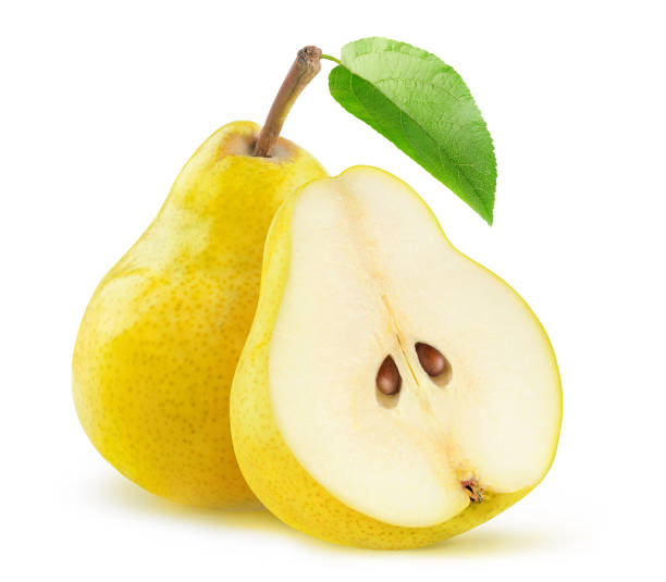 istock Yellow pears cut in half isolated on white background 1263688223
