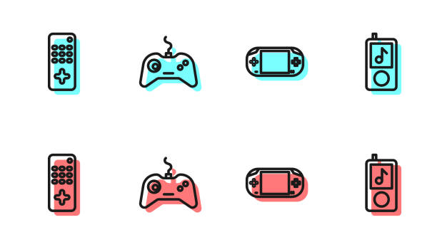 Set line Portable video game console, Remote control, Gamepad and Music player icon. Vector Set line Portable video game console, Remote control, Gamepad and Music player icon. Vector. gambling icon stock illustrations