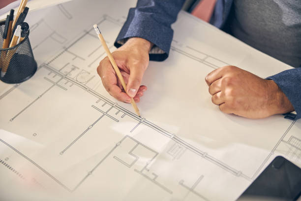 istock Focused photo on male hand drawing sketch 1263689600