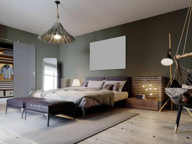 istock Boho style bedroom interior with olive color walls and two leather ottomans. 1263691546