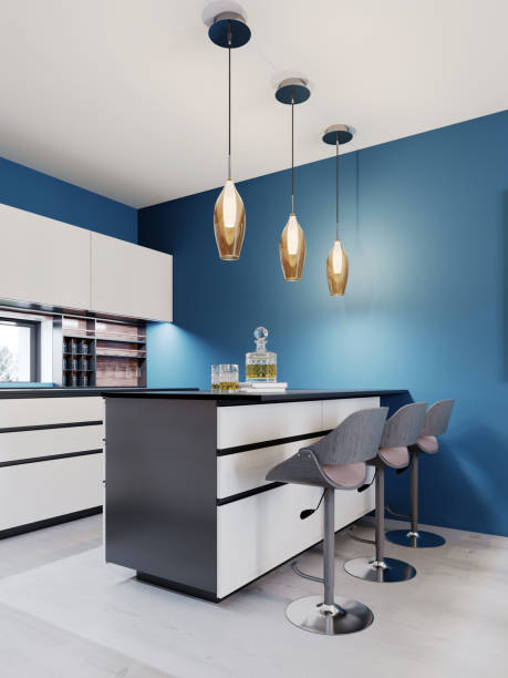 istock Bar with three chairs in a modern kitchen, a white kitchen island, pendant lights. 1263691662