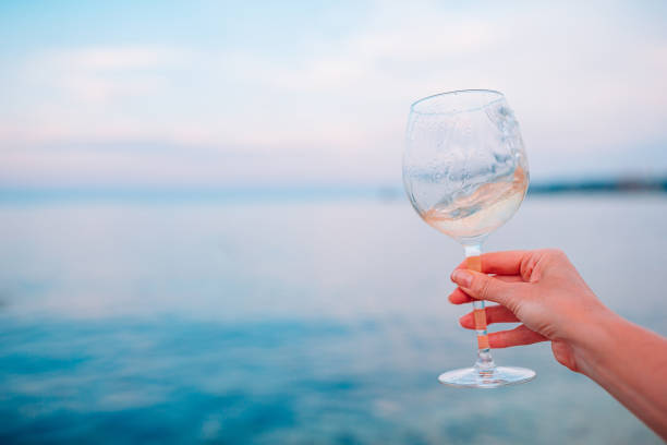 istock Glass of white wine on tropical beach 1263692007