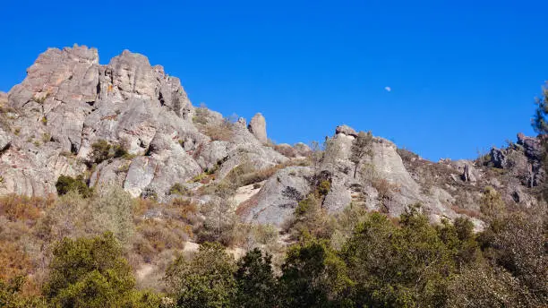 Moon over Rock Formations at Pinnacles National Park
