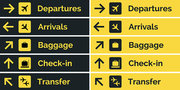 Airport sign departure arrival travel icon. Vector airport board airline sign, gate flight information.