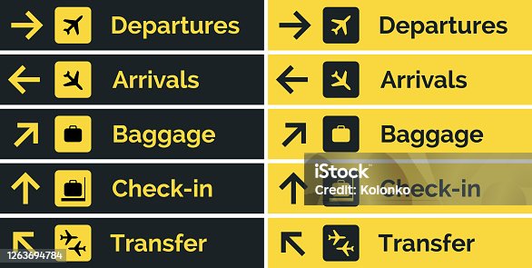 istock Airport sign departure arrival travel icon. Vector airport board airline sign, gate flight information 1263694784