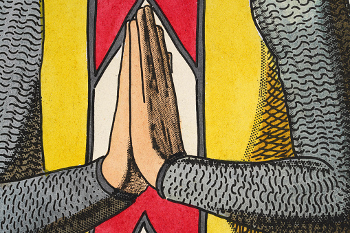 High resolution photograph of a detail from a painting of Hands held together in prayer