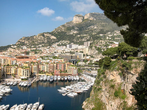Monaco-Ville, Monaco, April 20th 2023:- A view of Port Fontvieille, taken from Monaco-Ville, the old city of Monaco.